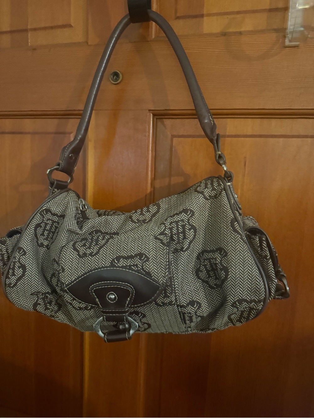 Textured Brown Patterned Shoulder Bag with Leather Trim